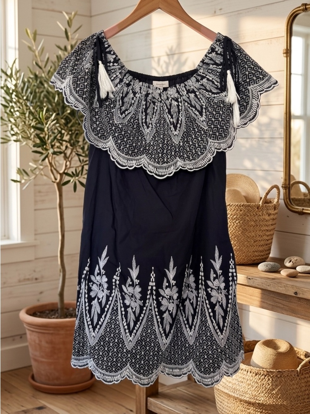 New York & Company Navy and White Off-Shoulder Dress with Embroidery